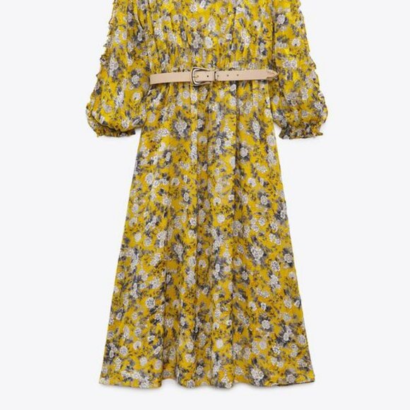 ZARA YELLOW FLORAL JACQUARD PRINT DRESS - Picture 2 of 2